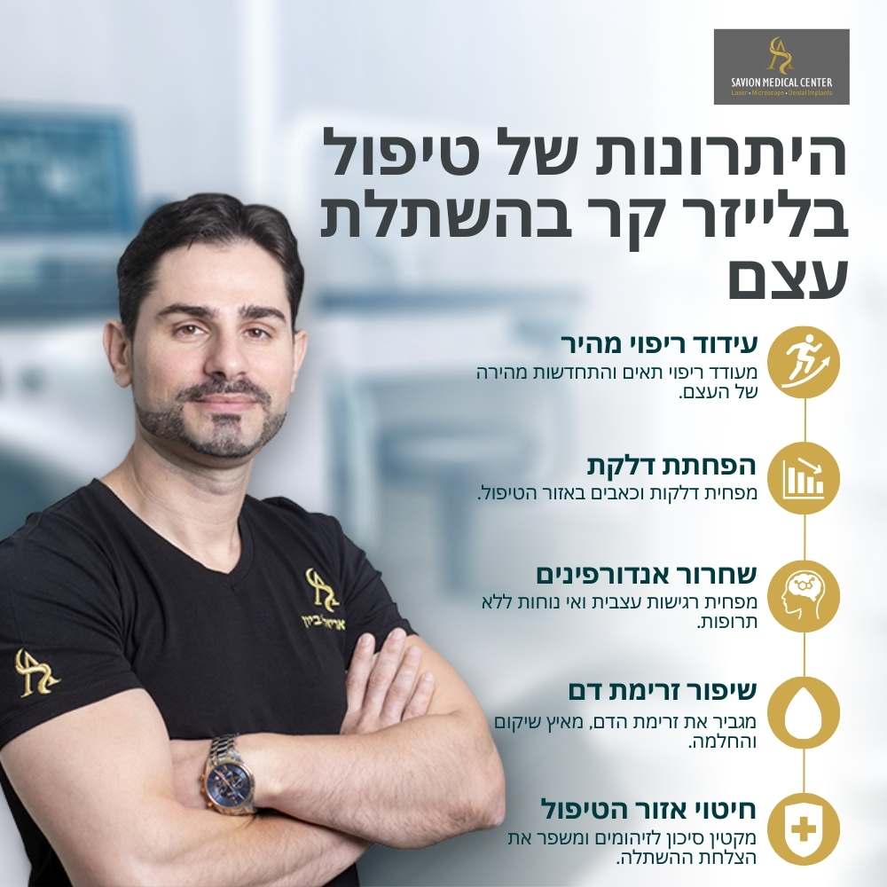 טיפול בלייזר קר בהשתלת עצם משפר את תהליך הריפוי, מפחית דלקות ומשחרר אנדורפינים להקלה על הכאב. בסביון מדיקל סנטר השימוש בלייזר קר מסייע לשיקום מהיר של עצם ורקמות רכות, שיפור זרימת הדם והפחתת נפיחות באזור המנותח.